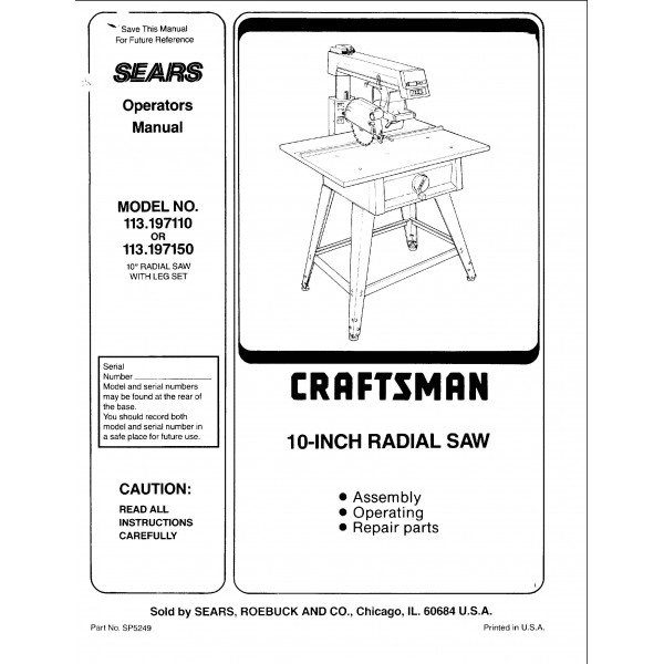 10" Craftsman Radial Arm Saw Manual Part No. 113.197150 Manuals Depot
